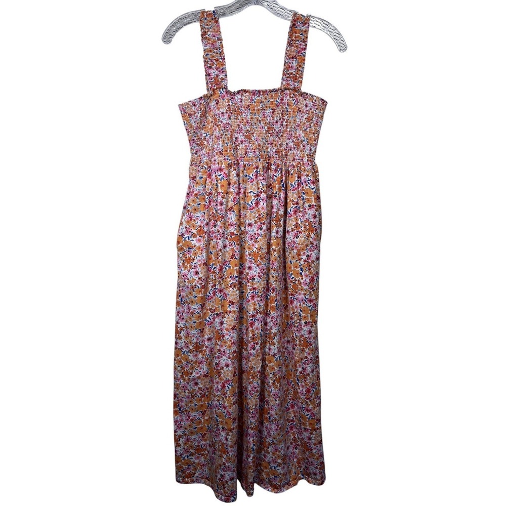 OLD NAVY Sz L Midi Dress Sundress Floral Smocked 100% Cotton Cottagecore Pockets